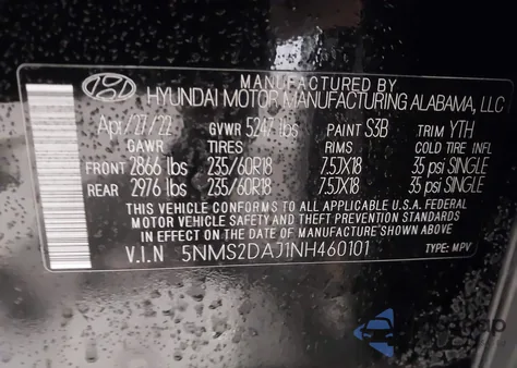 2022 Hyundai Santa Fe Sel из США, поврежденный, VIN 5NMS2DAJ1NH460101